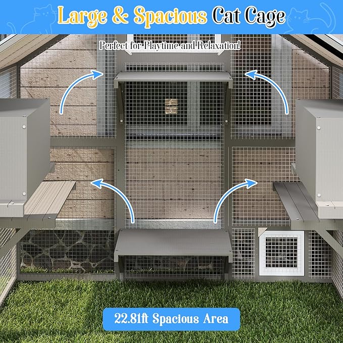 Cat Catio Outdoor Enclosure for Multiple Cats, Large Wooden Walk-in Cat House with Window Connection, 2 Condos, Platforms, Doors, and Weatherproof Roof Cover (69.5" L x 47" W x 71" H)-PawvioPets