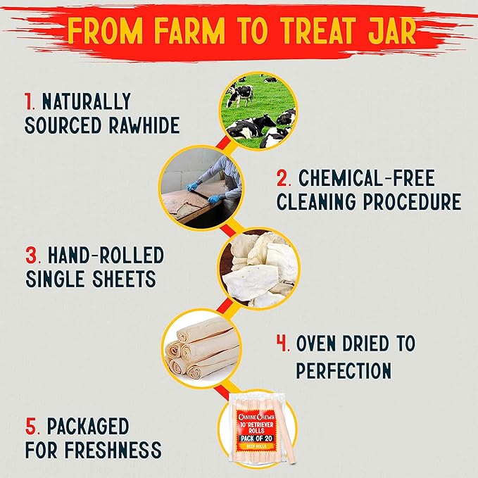 Canine Chews 10" Dog Rawhide Retriever Rolls - Bones for Large Dogs (20 Pack) - 100% USA-Sourced Natural Beef - Single Ingredient - Healthy Dental Chew-PawvioPets