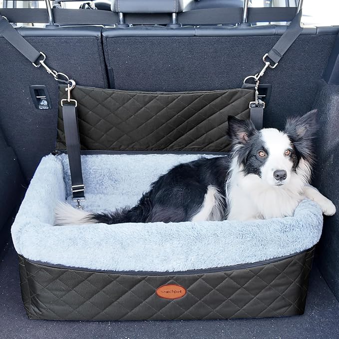 Dog Car Seat for Large/Medium Pet, Anti Slip Bottom Dogs Booster Seat for All Seasons,Pet Travel Bed with Thick Dog Sofa Cushion,2 Safety Leashes(Black)-PawvioPets