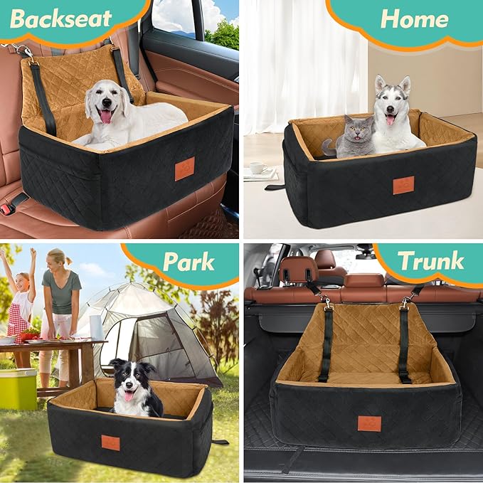 Dog Car Seat for Large Medium Dogs,Washable Pet Car Seat Under 55 lbs or 2 Small Dogs,Dog Booster Seat with Thick Cushion,2 Safety Leashes Travel Car Dog Bed-PawvioPets