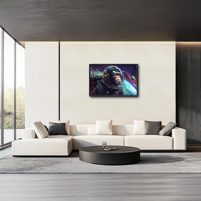 Framed Large Monkey Astronaut Wall Art, Oversized Chimpanzee Spacemen Wall Decor for Living Room, Outer Space Canvas Painting Pictures Modern Artwork for Living Room Bedroom Office 36"x24"-PawvioPets