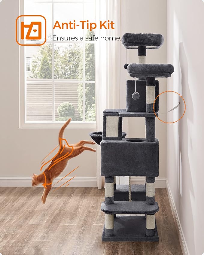 Feandrea Cat Tree, 66.1-Inch Large Cat Tower with 13 Scratching Posts, 2 Perches, 2 Caves, Basket, Hammock, Pompoms, Multi-Level Plush Cat Condo for Indoor Cats, Smoky Gray UPCT165G01-PawvioPets