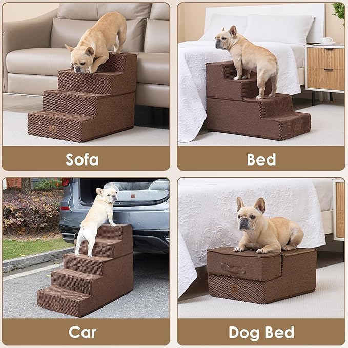 EHEYCIGA Dog Stairs for Bed 18" H, 4-Step Dog Steps for High Bed, Pet Steps for Small Dogs and Cats, Non-Slip Balanced Pet Indoor Ramp, Brown-PawvioPets