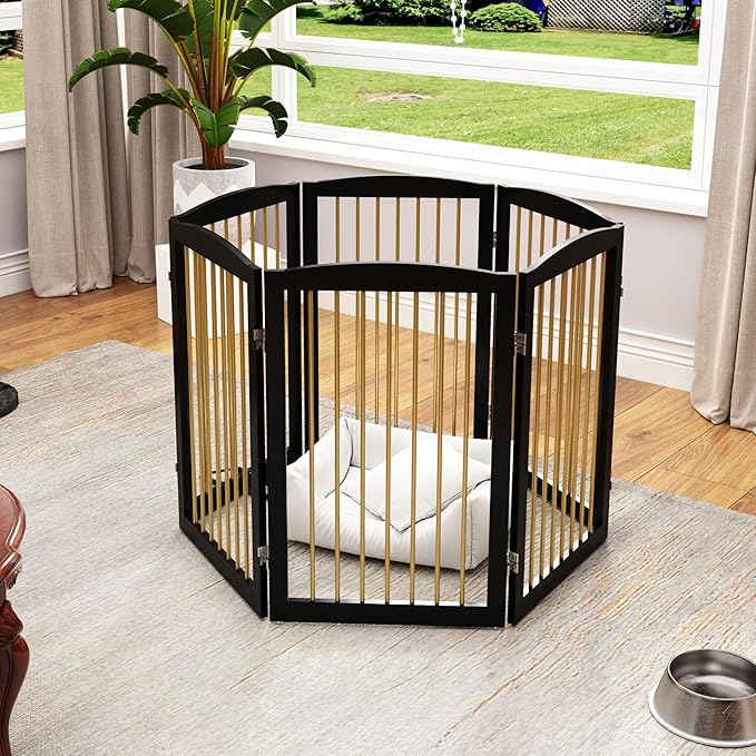 Freestanding Pet Gate for Dogs, Indoor Wooden Dog Gate for House, Extra Wide Dog gate, Foldable Dog Gate for Stair, Doorway, Hall, Support Feet Included, 120 Inch Wide, 6 Panels 32",Black&Gold-PawvioPets