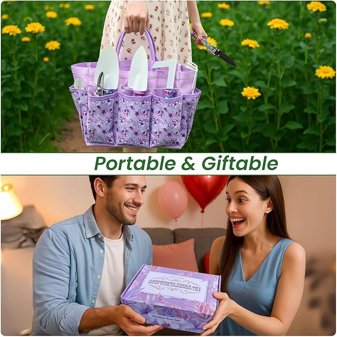 Gardening Tool Set 10-Piece, Heavy Duty Garden Tool Set with Purple Floral Tote Bag and Gift Box, Gardening Tools Kit with Ergonomic Non-Slip Handle, Ideal Gardening Gifts for Women Mom-PawvioPets