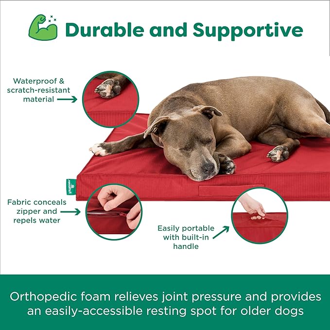 FurHaven Cooling Dog Bed – XXL Foam Mattress for Joint Pain Relief, Waterproof Liner, Removable Washable Cover, Durable for Outdoor Use, Deluxe Grid Indoor/Outdoor Bed – Red, Jumbo Plus-PawvioPets