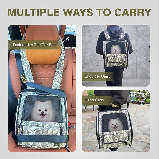 Collapsible Cat Backpack Carrier, Dog Backpack Carrier for Small Dogs Cats Up to 12 Lbs, Three-Sided Breathable Pet Backpack with Soft Padded, Designed for Outdoor and Travel Use, Camo-PawvioPets