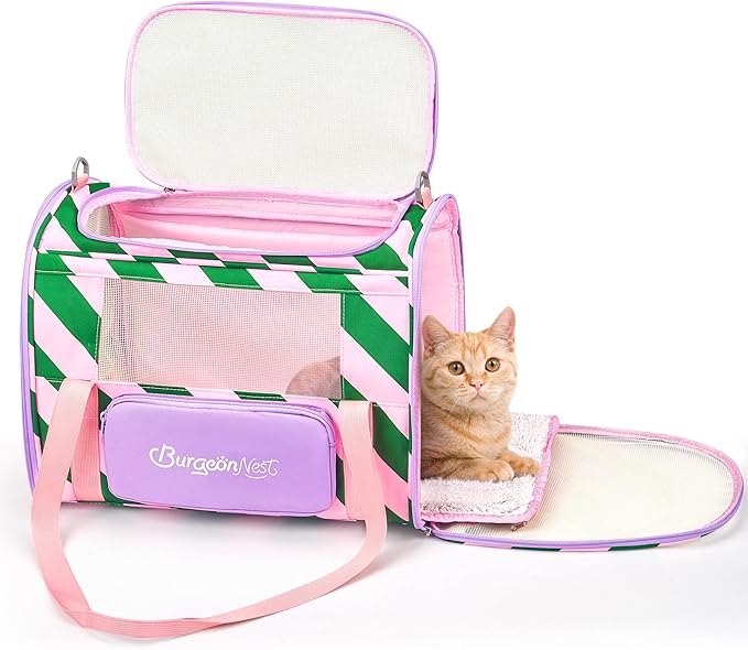 BurgeonNest Cat Carrier, Dog Cat Carriers for Large Medium Cats Under 20 lbs, Soft Sided Pet Carrier, Collapsible Travel Carry Puppy Kitten Cat Carrier with Big Side Bag (Medium, Pink-Green)-PawvioPets
