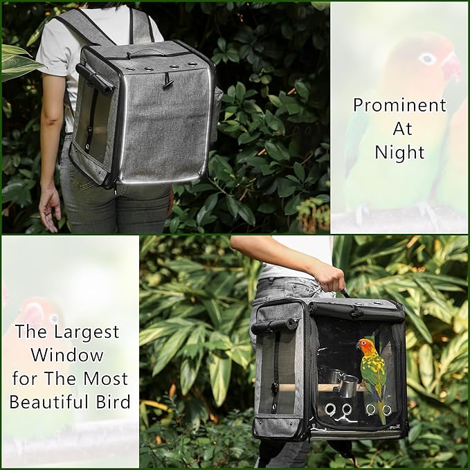 Suertree Bird Carrier with Seat Belt for Car Travel, Bird Backpack Carrier with Indestructible Stainless Steel Mesh, Large Bird Carrier Travel Cage, Grey-PawvioPets