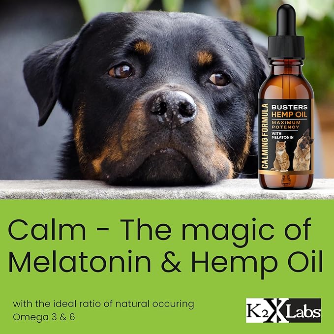 Busters Calming Hemp Oil, Enriched with Melatonin for Dogs, Cats, Pets, Sleep, WEL Being and an Ideal Omega Ratio, Adrenal and Cushings Support-PawvioPets