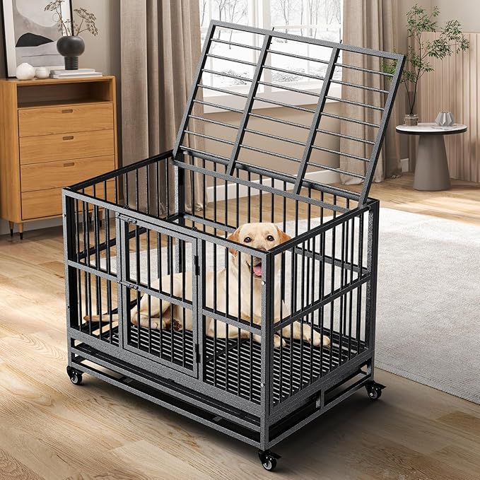 Dog Crate with Removable Tray, 37/42/46 Inch Indestructible and Escape Proof Steel Dog Cage Kennel for High Anxiety Dogs, Heavy Duty Dog Crate with Wheels, Double Door, Extra Large XL XXL-PawvioPets