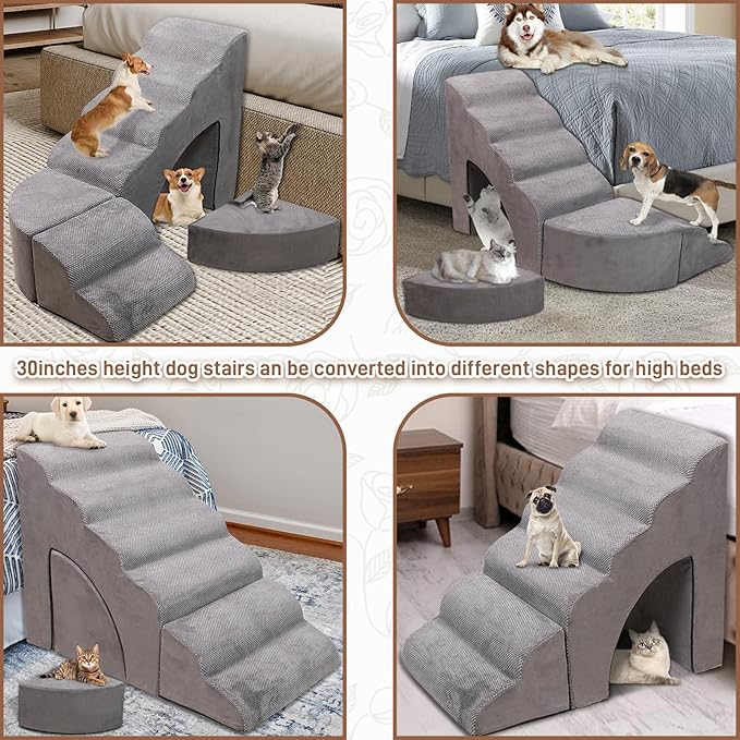 Foam Dog Stairs & Steps Ramps for High Beds 30 inches Tall for Small Dogs and Cats, LitaiL 6 Step Pet Stairs Steps for High Beds 30 inch Large Dogs, Non-Slip Dog Ramps for Older Cat-PawvioPets