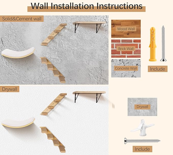 4-Piece Cats Wall Furniture with Cat Window Perch – Wood Wall Mounted Cat Shelves Set with Foam-Padded Curved Bed, Flat Perch & 4-Step Cats Stairs-PawvioPets