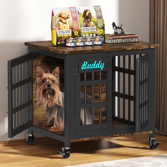EasyCom Heavy Duty Dog Kennel Indoor with Name Tag, 27" Dog Crate Furniture for Small Dogs, Double-Doors Sturdy Metal Dog Cage for Anxiety Dog-PawvioPets