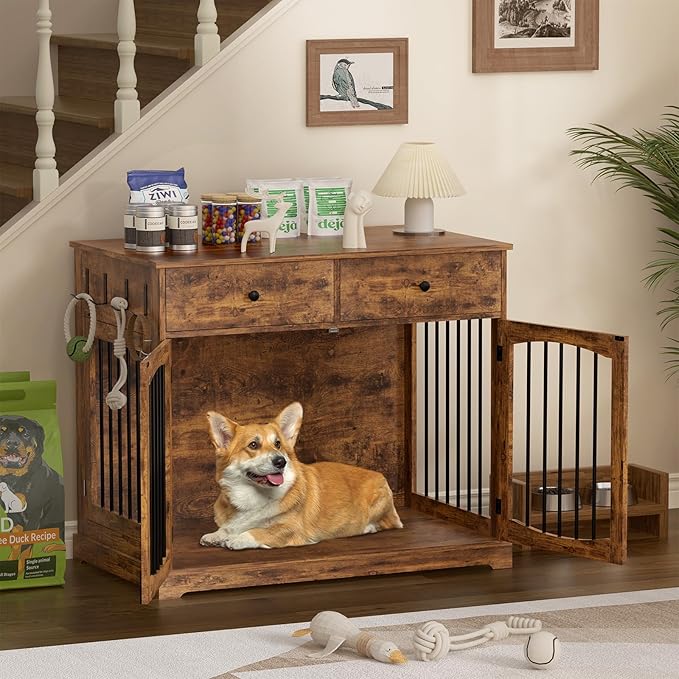 40 Inch Furniture-Style Dog Crate-Multipurpose Wood Pet Crate Furniture with Double Doors,2 Drawers, Decorative Dog House Indoor for Smal/Medium Dogs, Brown Finish-PawvioPets