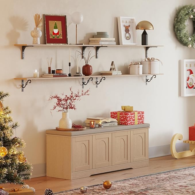 DINZI LVJ Shoe Bench, Entryway Storage Bench with Doors, Cushion, 2-Tier Shoe Rack with 8-Cubby, 47.2”L x 13.8”W Shoe Organizer Cabinet, Adjustable Shelf, Living Room, Bedroom Natural-PawvioPets