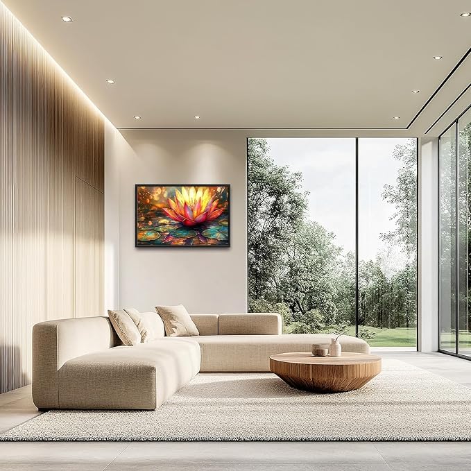 Framed Large Lotus Wall Art for Living Room, Oversized Lotus Flower Wall Decor Zen Golden Floral Canvas Painting Modern Artwork Home Decoration for Living Room Bedroom Office 36"x24"-PawvioPets