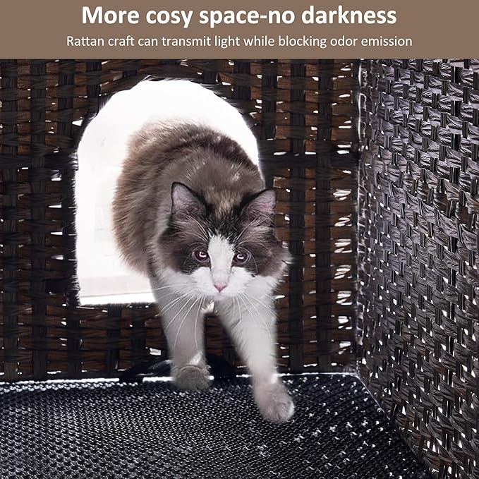 Cat Litter Box Enclosure with Litter Trapping Mat; Handwoven Plastic Rattan Kitten House; No Installation Hidden Cat Washroom; Pet Crate for Balcony,Bedroom,Living Room-PawvioPets