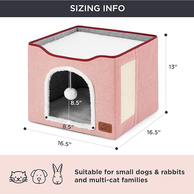 Bedsure Cat Beds for Indoor Cats - Large Cat Cave for Pet Cat House with Fluffy Ball Hanging and Scratch Pad, Foldable Cat Hideaway,16.5x16.5x13 inches, Pink-PawvioPets
