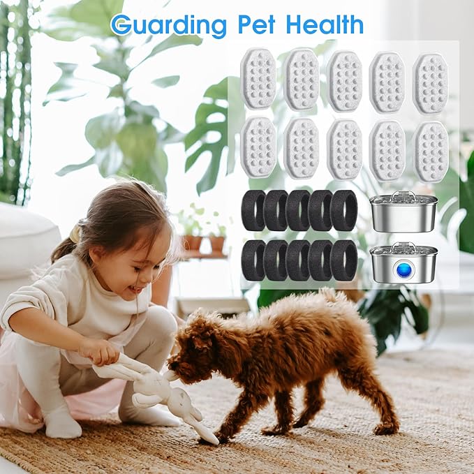 20 Pack Cat Water Fountain Filters-Cat Fountain Replacement Filters for Stainless Steel 3.2L/108oz Adjustable Water Flow Cat Fountain(10 Pack Pet Water Filter Refills+10 Pack Sponges)-PawvioPets