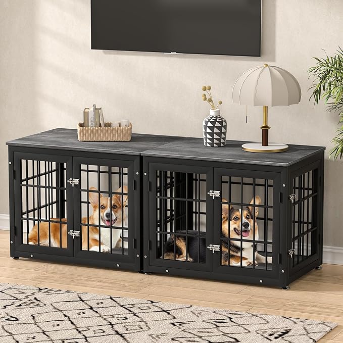 32 Inch Heavy Duty Dog Crate Furniture for Medium and Small Dogs, Decorative Pet House End Table, Wooden Cage Kennel Furniture Indoor, Gray-PawvioPets
