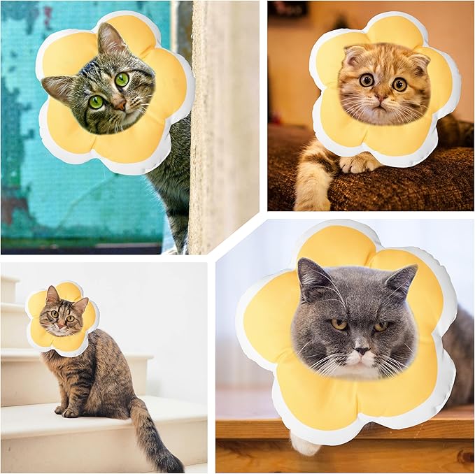 Cat Cone Collar Soft, Waterproof Cats Cones to Stop Licking After Surgery, Adjustable Soft Elizabeth Cats Collars for Wound Healing, Flower Shape Cat Recovery Collar (Yellow, X-Small)-PawvioPets