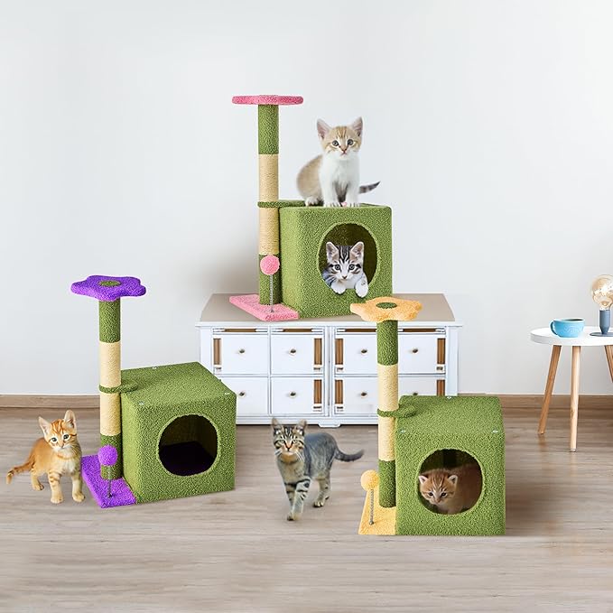 24 Inch Cat Tree Condo for Indoor Cats with Floral Sisal Scratching Post, Plush Hang Ball Play Furniture for Kittens Cats, Pink-PawvioPets