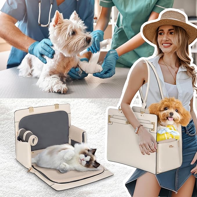 2-in-1 Stylish Dog Purse Carrier Soft-Sided Carriers Travel Tote Bag for Small Dogs Cats, Fashion Foldable Pet Bag for Puppies Small Animals with Pockets (White, 15" L x 7.5" W x 12.2" H)-PawvioPets