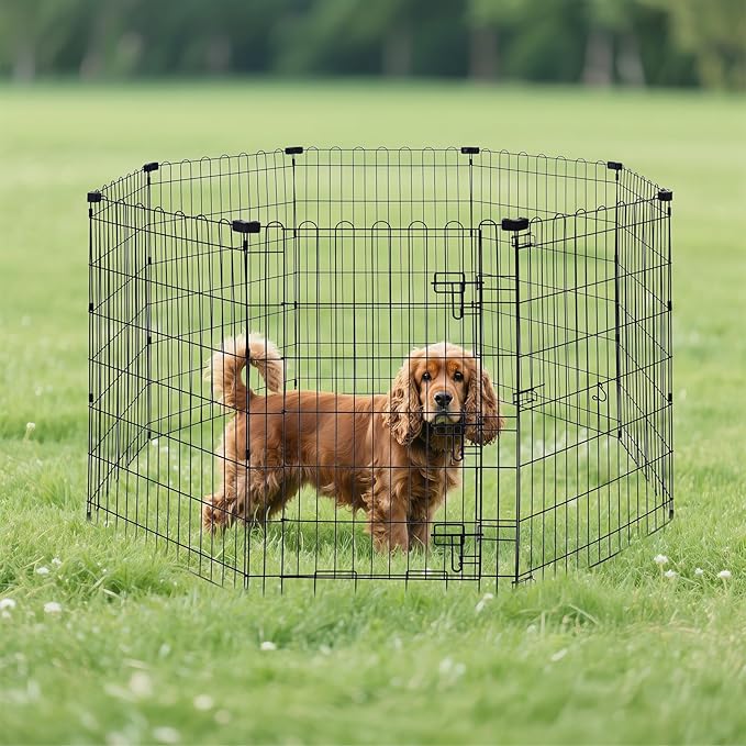 Amazon Basics Foldable Octagonal Metal Exercise Dog Playpen - Indoor/Outdoor, Single Door, Medium (8 Panels, 24 x 36), Easy to assemble and store, 36" - Medium, Black-PawvioPets