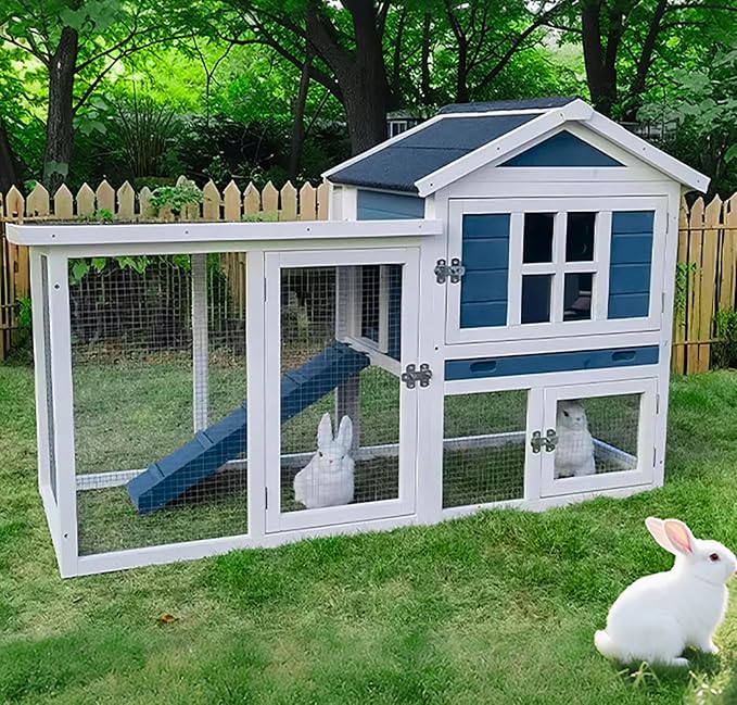 GARWOOD Large Outdoor Indoor Rabbit Hutch Wooden Bunny Rabbit Cage 2-Story with Run No-Leak Pull-Out Tray Waterproof Asphalt Roof Ramp for Guinea Pig Small Animal Wood Pet House Home Blue White-PawvioPets