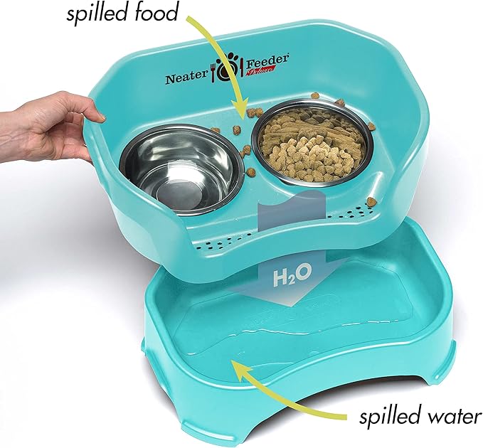 Neater Feeder Deluxe Mess Proof Cat Bowls Elevated for All Breeds – Made in USA – No Spill Raised Bowls for Indoor Cats – Stainless Steel Food and Water Bowl Set, Pet Dish Feeding Station, Aquamarine-PawvioPets