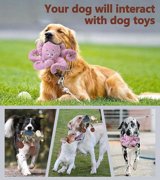 2Pack Dog Toys for Large Dog - Plush Squeaky Medium & Small Dog Toys - Stuffed Animals Puppy Toys - (Monkey+Octopus Pink)-PawvioPets