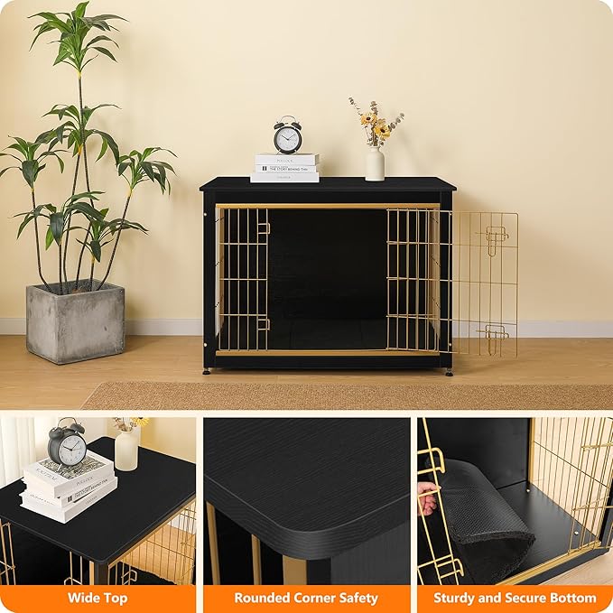 DWANTON Dog Crate Furniture with Cushion, Wooden Kennel Table with Double Doors, Indoor Dog House, Large Size, 38.5" L, Black+Gold-PawvioPets