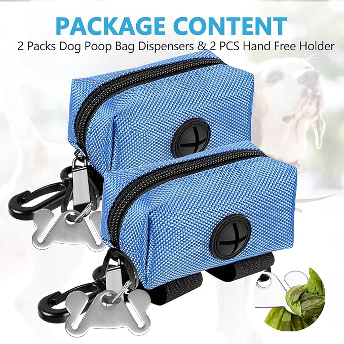 Dog Waste Bag Dispenser Pet Poop Bags Holder for Doggie Waste Bags Dispensers Soft Fabric Zipper Small Doggy Puppy Pouch for Leash Accessory Attachment with Carrier,2PCS Blue-PawvioPets