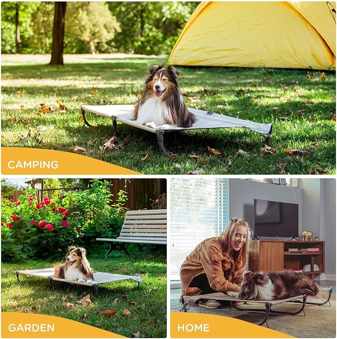 Daisy Cot, Large Foldable Elevated Dog Bed, Portable Raised Outdoor Folding Dog Cot, Cooling, Chew Proof, Waterproof, Heavy Duty Up to 160 Lbs for Camping/Home, Brown, 43"x27"x7”-PawvioPets
