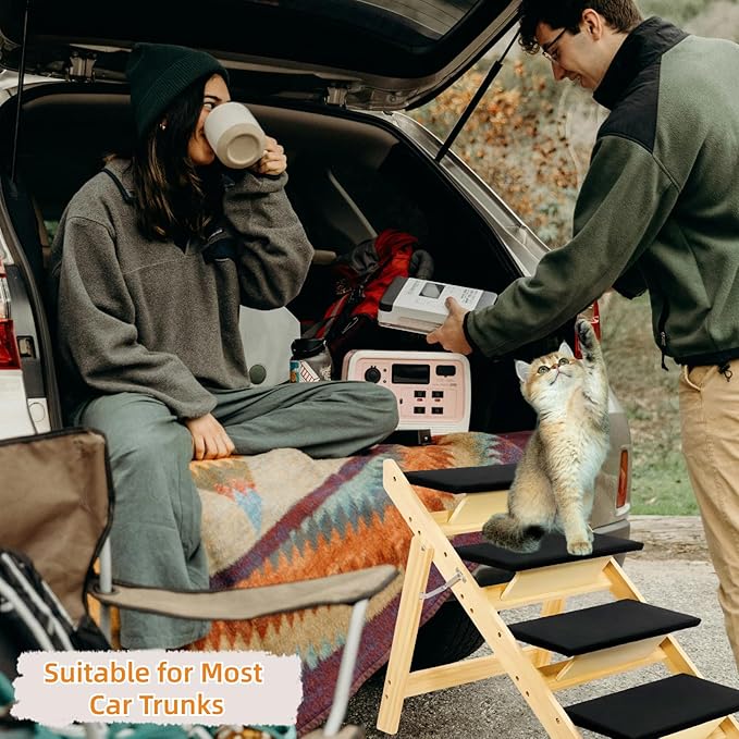 Foldable Dog Stairs/Ramp with 4 Steps - Durable Wooden Pet Stairs for Small, Medium, Large Dogs - Black (5098)-PawvioPets