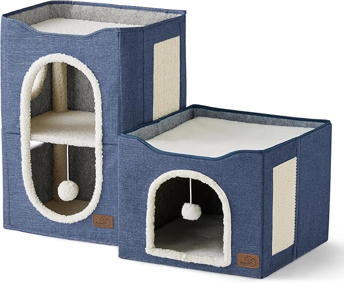 Bedsure 2 Story Cat House - Cat Condos for Indoor Cats with Scratch Pad and Fluffy Ball Hanging, Small Pet Cave Furniture Hideaway for Multi Pets, 18x14x23 inches, Blue-PawvioPets