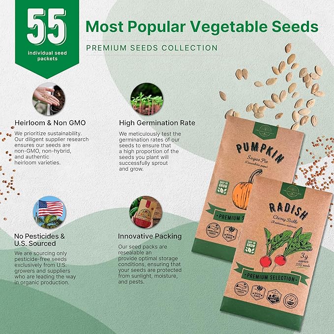 55 Vegetable Seeds Variety Pack - 35,600+ Non-GMO Heirloom Seeds for Planting Vegetables and Fruits in Individual Seed Packets, Home Garden Seeds for Hydroponic, Indoor and Outdoors Gardening-PawvioPets
