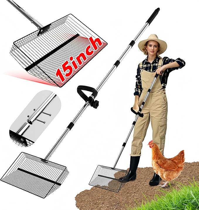 15inch Large Chicken Poop Scooper, 2 Slot Widths (0.16"&0.28"), 39" to 76" Adjustable Stainless Steel Handle, Sifting Litter Shovel for Chicken Coop/Stables/Farm Cleaning(with Effortless Grip)-PawvioPets