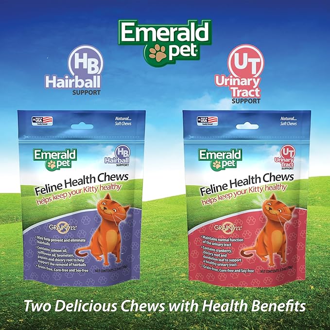 Emerald Pet Feline Health Chews Hairball Support — Natural Grain Free Feline Hairball Control Chews — Hairball Control Cat Supplements for Hairball Prevention and Elimination — Made in USA, 2.5 oz-PawvioPets