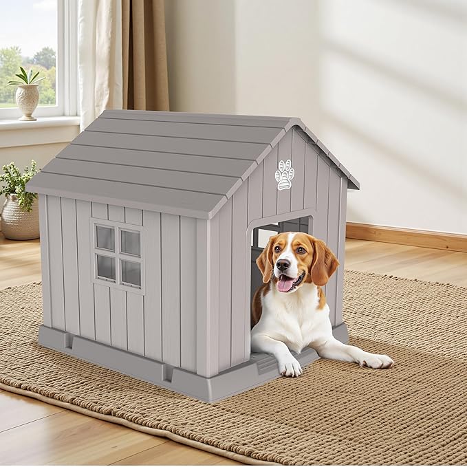 DRATO Dog House Indoor Outdoor for Small to Large Sized Dogs Indoor Outdoor Doghouse Puppy Shelter with Elevated Floor, Easy to Assemble (Light Brown, 31Inch(31.18 * 33.7 * 32.52))-PawvioPets