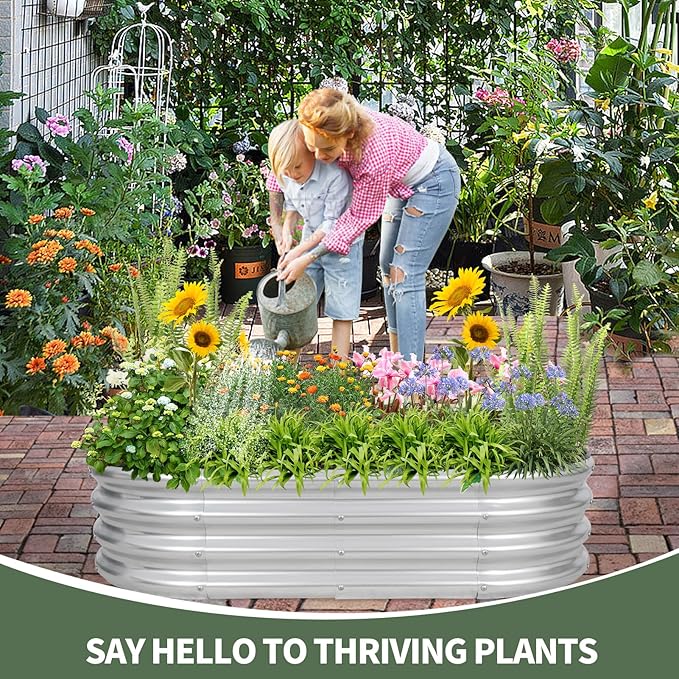 1MORE Galvanized Raised Garden Bed- Planter Garden Boxes Outdoor, Raised Beds for Gardening, 4x2x1ft Metal Garden Bed Kit for Vegetables Flower, Planter Raised Bed with Protective Tape & Tools.Silver-PawvioPets
