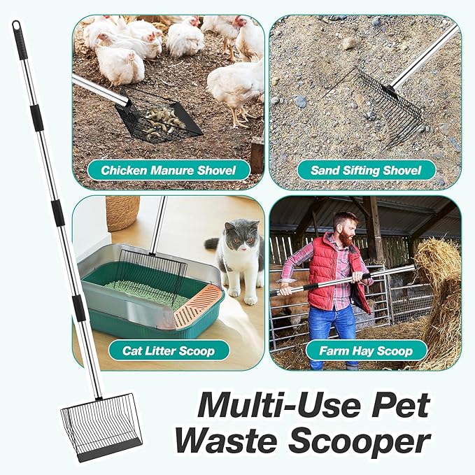 Adjustable Chicken Poop Scooper, Heavy Duty Stainless Steel Chicken Rake with 3-Slot Pole, Multi-Use Pet Waste Shovel & Hay Scooper - 36"/50"/64" Length-PawvioPets