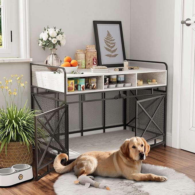 Dog Crate Furniture, 48" Heavy Duty Wooden Dog Crate End Table, XL Dog Kennel Furniture Large Breed, Decorative Dog Kennel Indoor with 3 Drawers & Steel Tube 48"L x28"W x36"H (White and Black)-PawvioPets