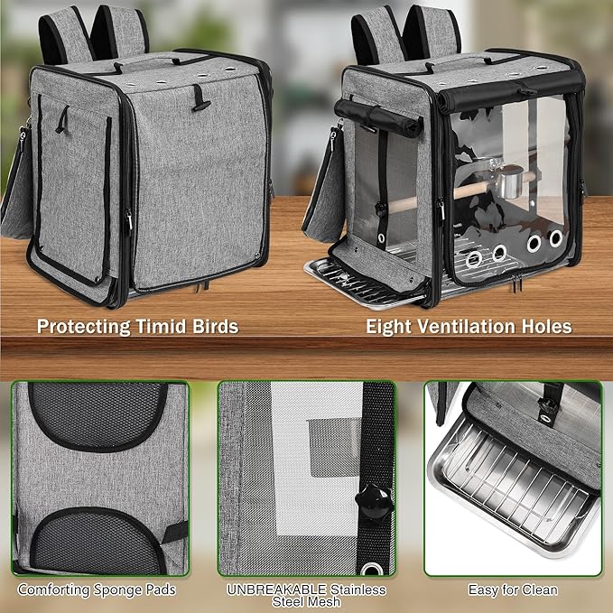 Suertree Bird Carrier with Seat Belt for Car Travel, Bird Backpack Carrier with Indestructible Stainless Steel Mesh, Large Bird Carrier Travel Cage, Grey-PawvioPets