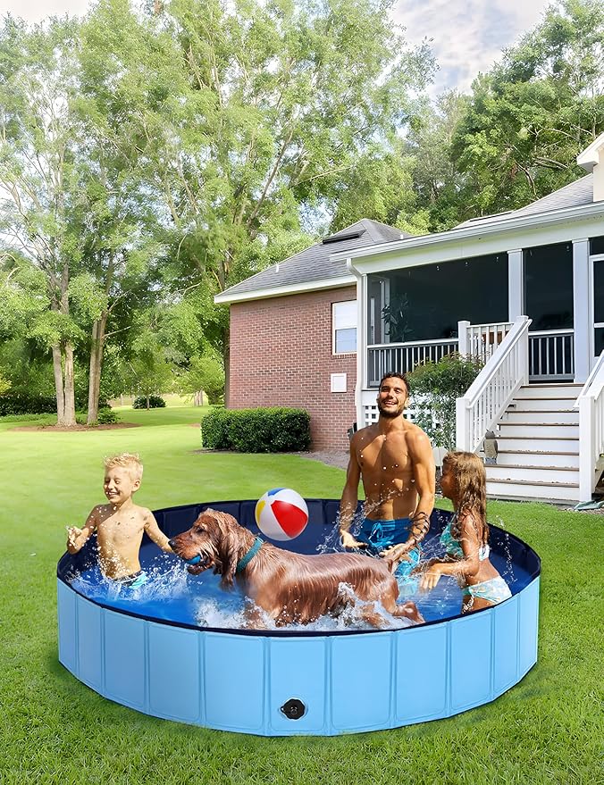 Foldable Dog Pool, Lexda Hard Plastic Shell Pet Swimming Pools for Large Dogs, Collapsible Plastic Pet Pool, Portable Bathing Tub for Dogs (79x12inch)-PawvioPets