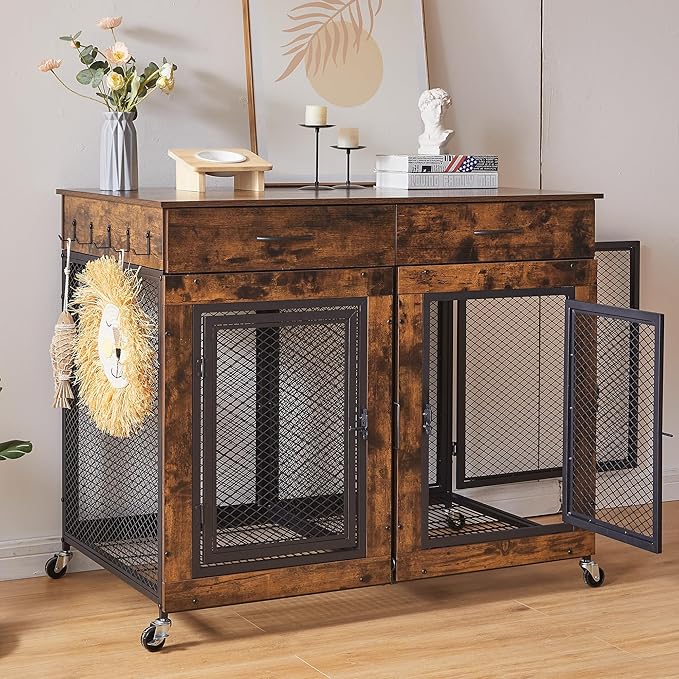 43" Large Dog Crate Furniture, Wood Dog Kennel End Table with Drawers, Decorative Pet Crate with Removable Partitions & Wheels, Dog House Indoor for Large/Medium/Small Dogs-PawvioPets