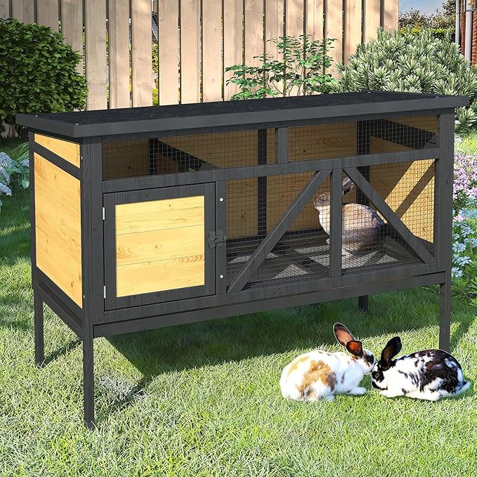 46.7" Rabbit Cage Elevated Bunny Cage Indoor, Outdoor Rabbit Hutch Hamster Cages for Small Animals, Wooden Guinea Pig Cages with Removable Tray & Waterproof Asphalt Roof & Bottom Wire Mesh-PawvioPets