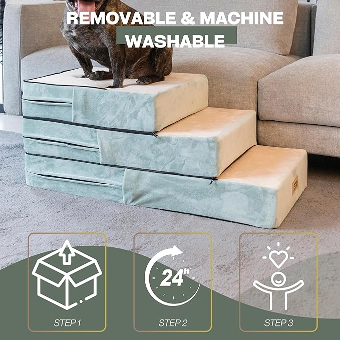 All-in-One Adjustable Dog Stairs – 5-Step Premium Pet Ramp for Small to Large Dogs – Sturdy, Non-Slip & Versatile for Beds, Sofas & More - Soft Cover, Modern Design (Green)-PawvioPets