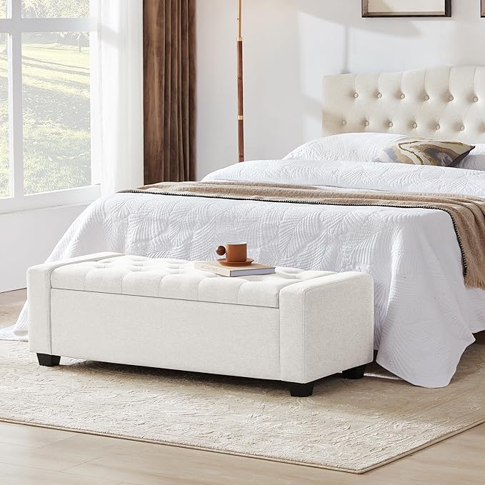 48" Ottoman with Storage, White Storage Ottoman Bench with Safety Hinge, Upholstered Entryway Bench with Seating for Bedroom, Living Room, Holds up to 330 lb-PawvioPets